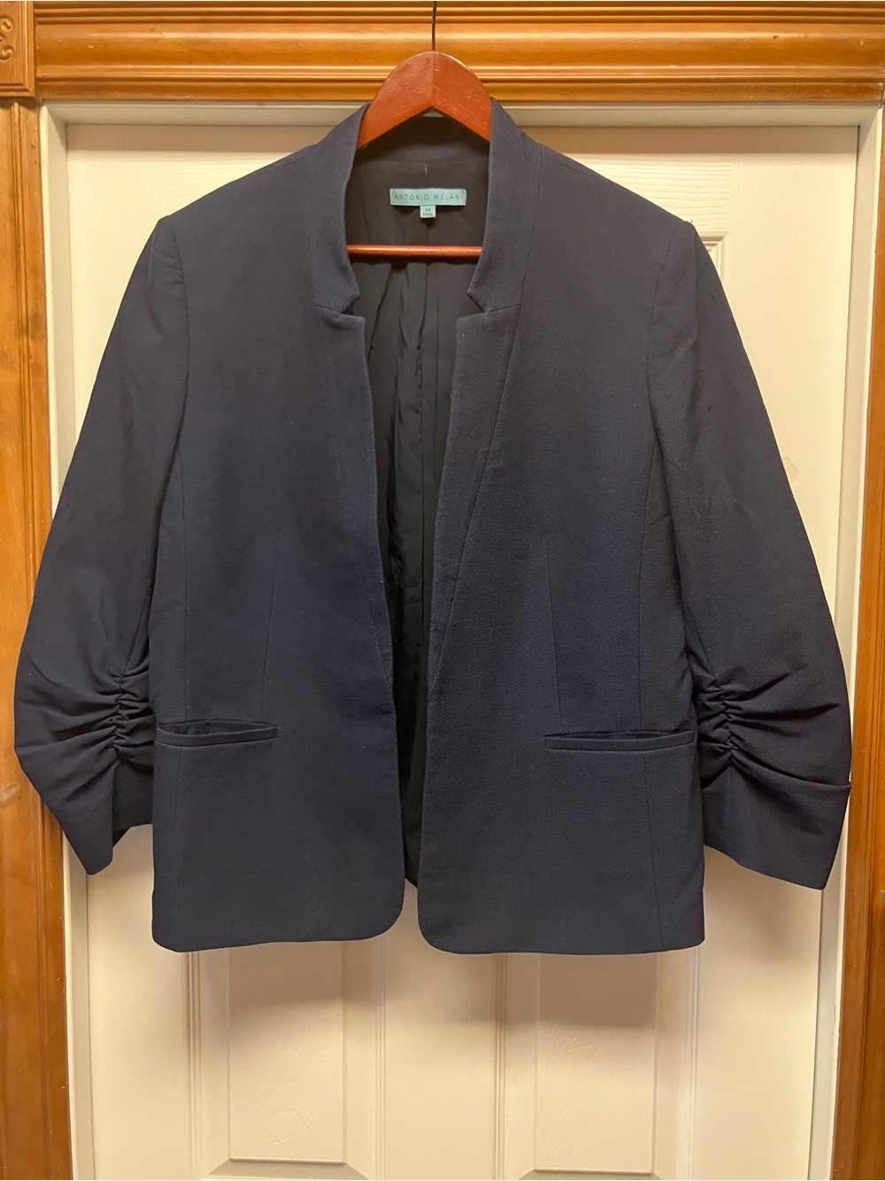 ANTONIO MELANI Navy Open-Front Collarless Blazer with Ruched 3/4 Sleeves